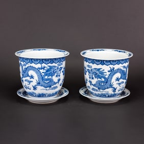 Two Chinese Blue and White Jardinieres and Bases