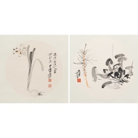 Zhang Daqian (1899 - 1983) - Pair of Chinese Round Scroll Painting