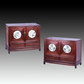 Pair of Hongmu Cabinet with Porcelain Panel Inlaid