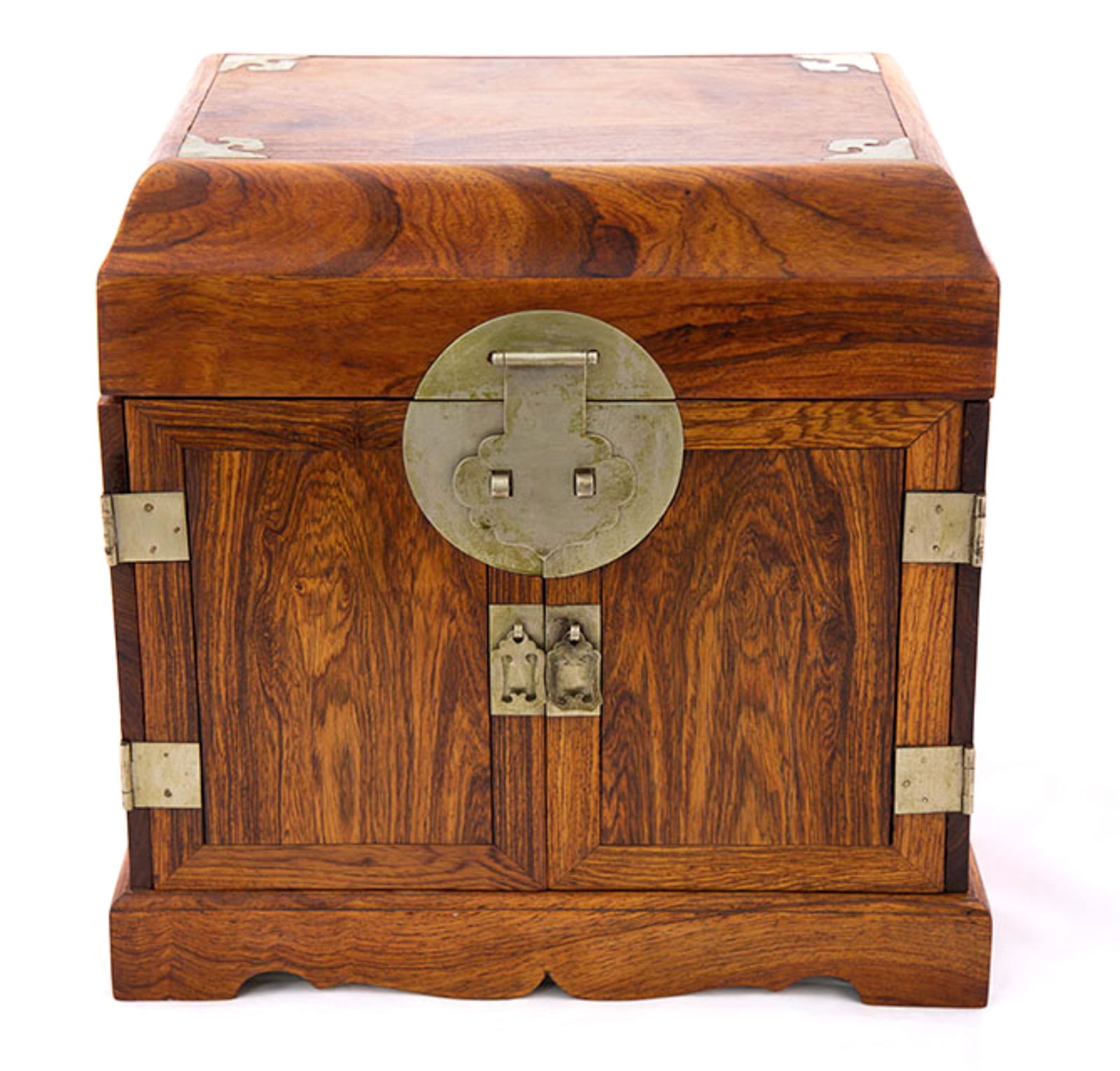 A Chinese Huanghuali Table - Top Chest, Guanpixiang (Y): A Chinese huanghuali table-top chest, Guanpixiang (Y). Of rectangular form with a bail handle on each side, the hinged domed cover set with brass corner mounts and chain, opening to reveal a separate