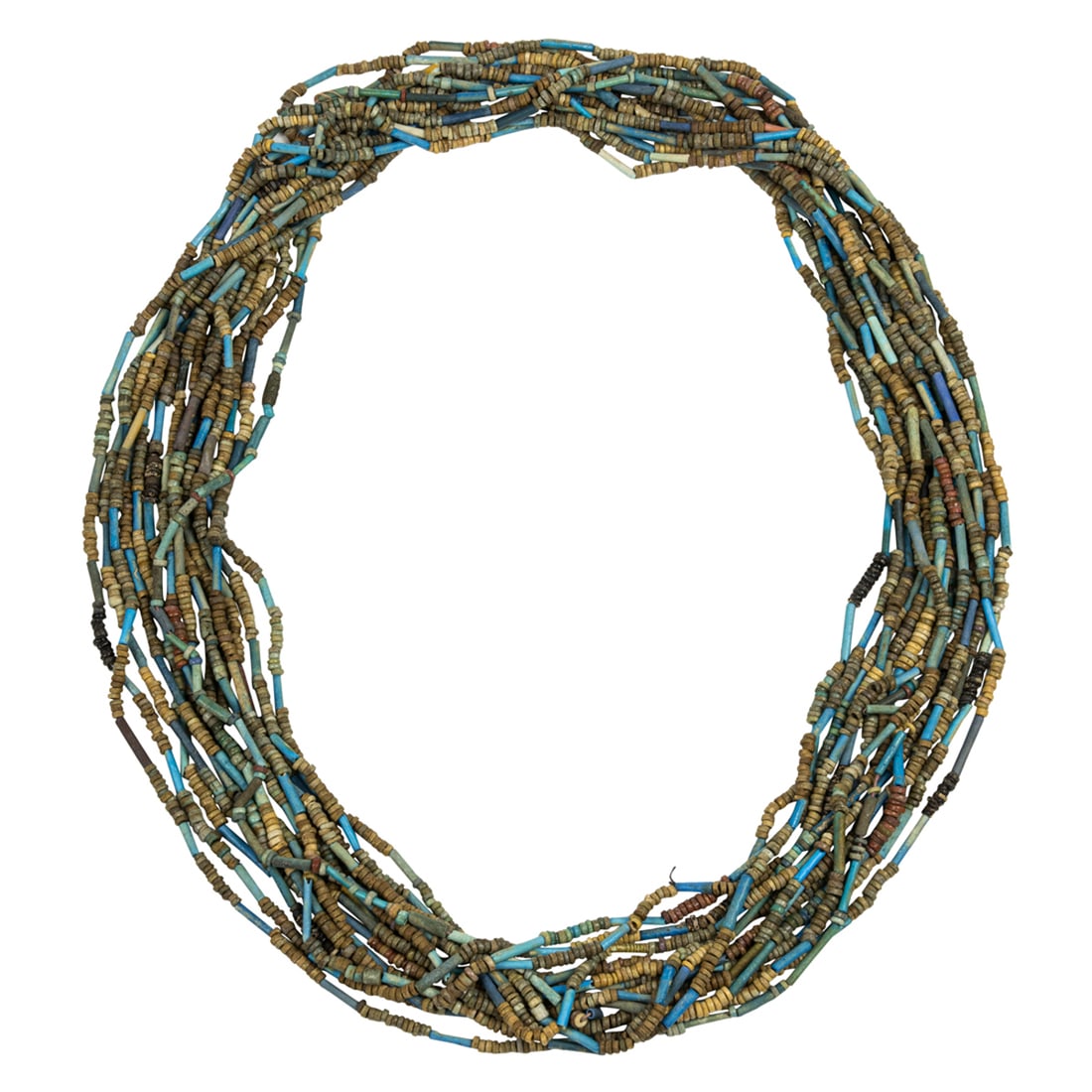 A group of Egyptian faience beads: A group of Egyptian faience beads. From 0.125" to 0.75" across. Provenance: Naomi Lindstrom collection.