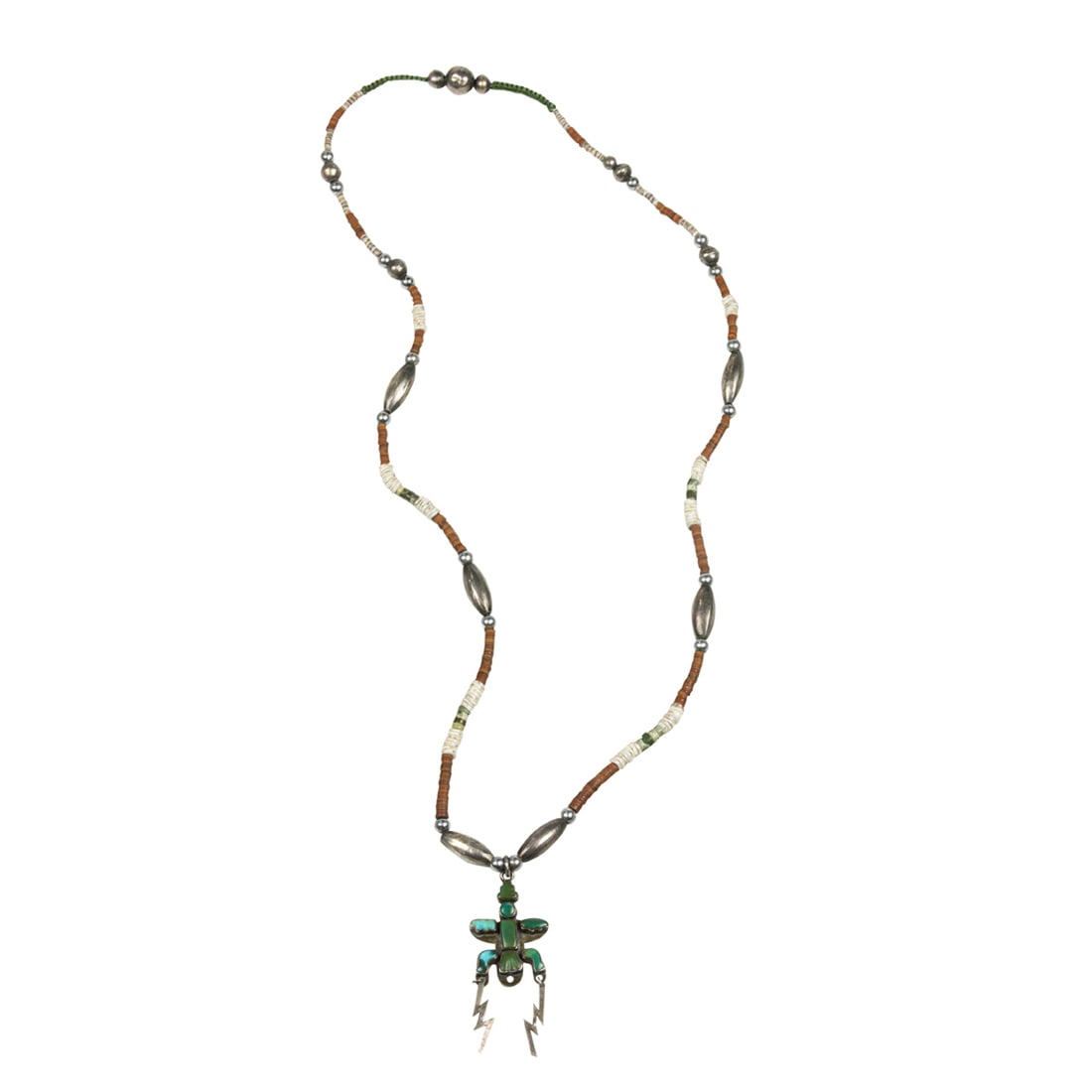 A Navajo silver and shell bead necklace with turquoise inlaid human-form pendant (1 of 2)