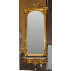 A Belle Epoque giltwood mirror and wall-mounting console with white marble top