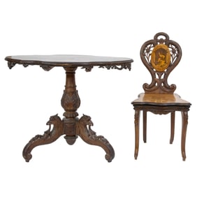 A German or Austrian marquetry decorated turtle top occasional table and hall chair circa 1900