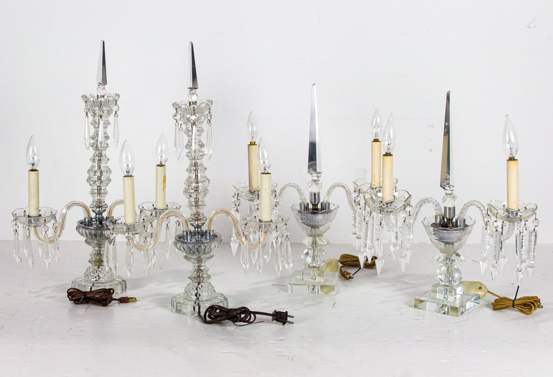 Two pairs of Neoclassical style cut glass two-light girandoles (1 of 5)