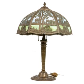 An American patinated metal and slag glass scenic table lamp