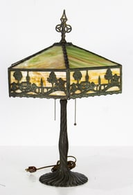 An American Arts and Crafts Mosaic Chicago patinated metal and slag glass table lamp