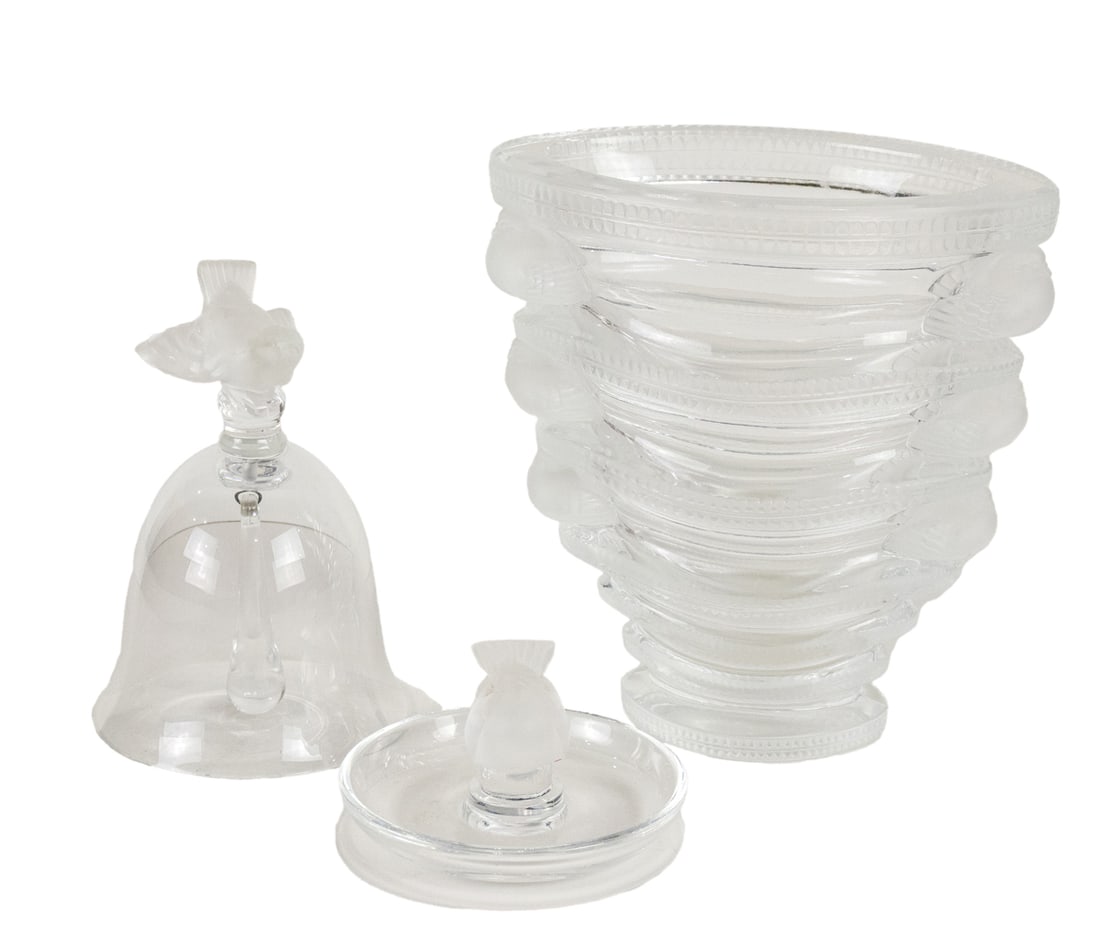 A Lalique glass Saint-Marc vase, Pinson table bell and Pinson pin tray (1 of 3)