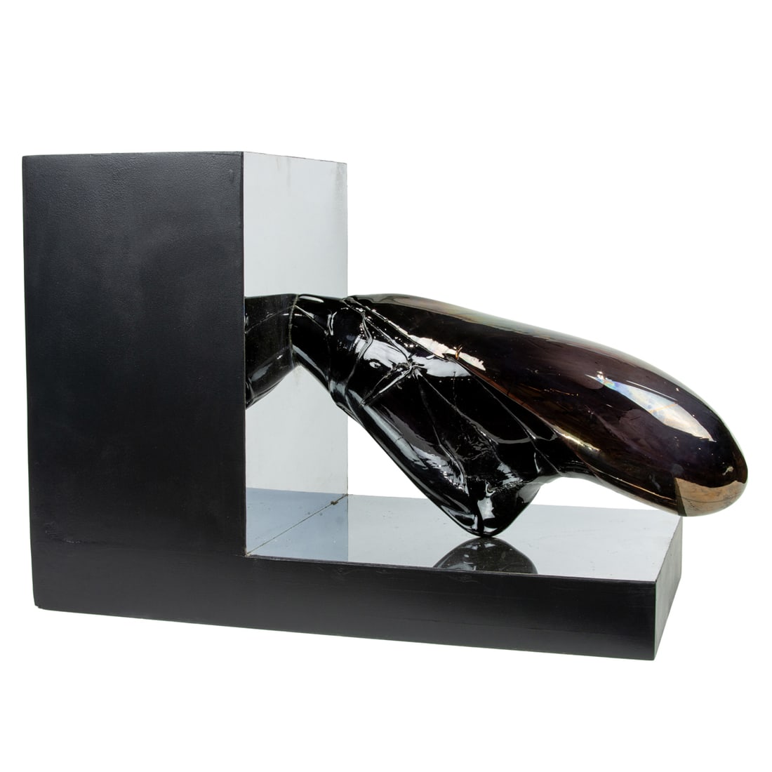 A Marvin Lipofsky (American, 1938-2016) black iridescent glass sculpture on mirrored stand (1 of 4)