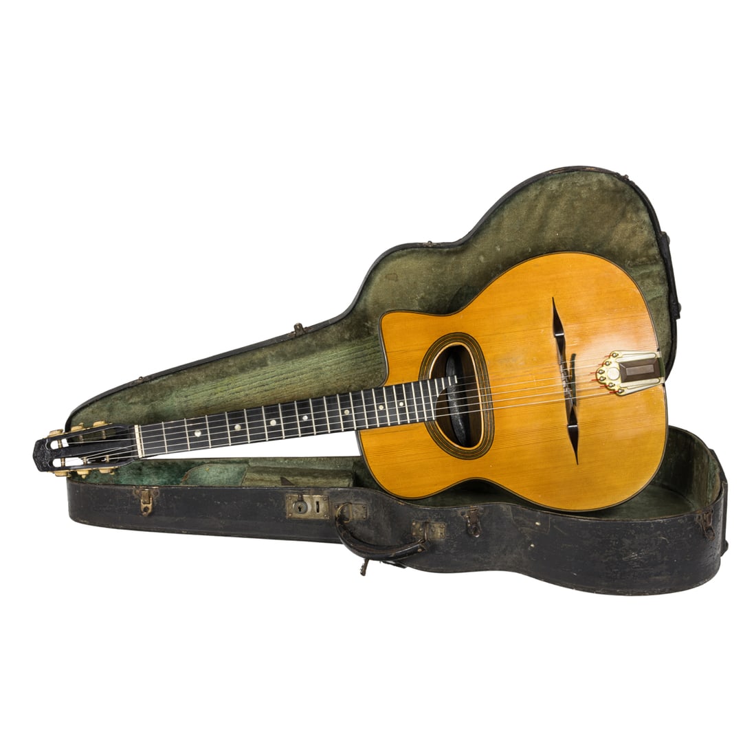 A French Mario Maccaferri Henry Selmer acoustic guitar: A French Mario Maccaferri Henry Selmer acoustic guitar, paper label reads Fabrique on France Par H Selmer & Co., with hard case. This property is being sold at public auction as provided by Internal R