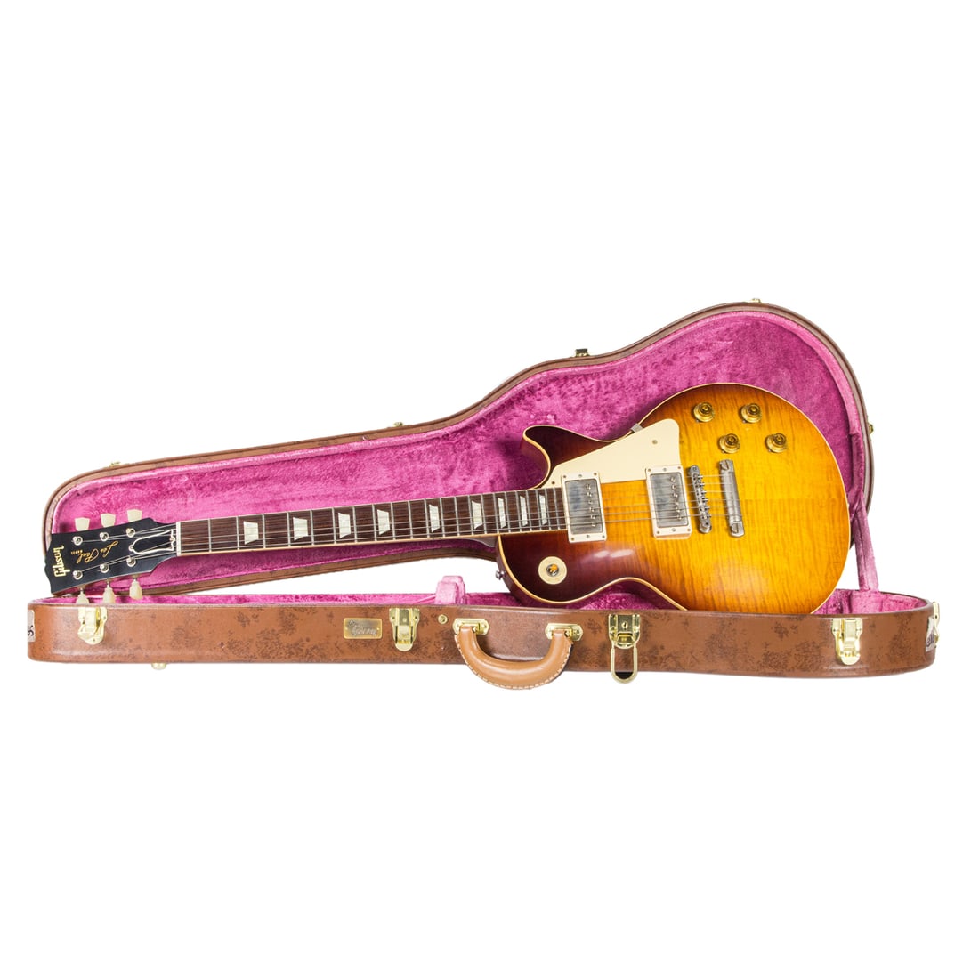 A 2018 Gibson Custom Les Paul R9 electric guitar: A 2018 Gibson Custom Les Paul R9 electric guitar, historic flame tobacco burst body, Serial Number 983165, with brown hard case. With certificate. This property is being sold at public auction as prov