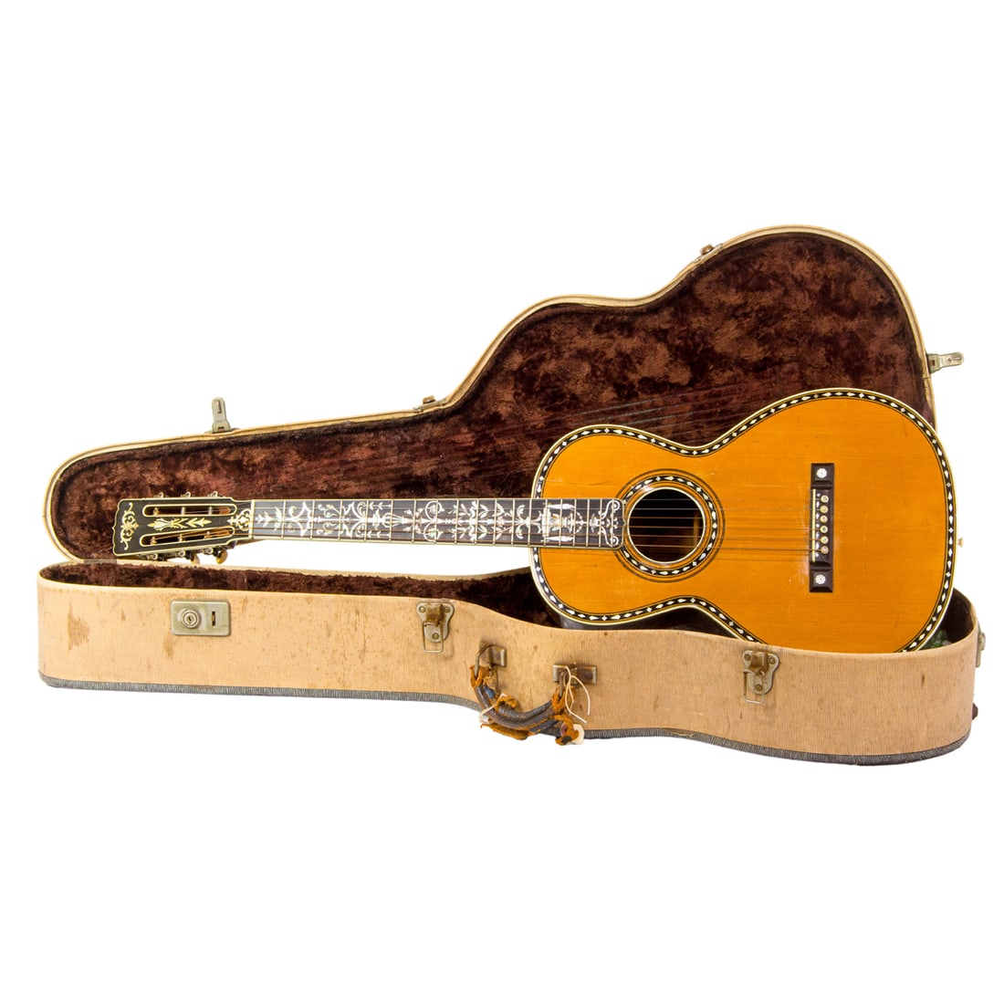 A Washburn style mother of pearl inlaid guitar: A Washburn style mother of pearl inlaid guitar, with hard case. This property is being sold at public auction as provided by Internal Revenue Code section 6335. Only the right, title, and interest of