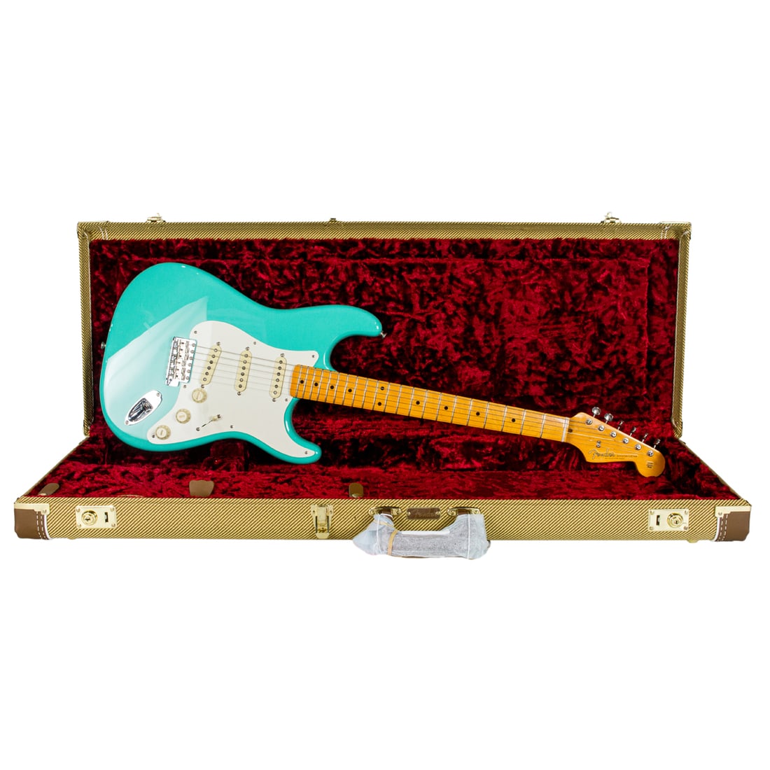 A Fender Stratocaster electric guitar: A Fender Stratocaster electric guitar, turquoise contour body, model number 0L10232849, Serial Number V2206939, with hard case. This property is being sold at public auction as provided by Internal Re