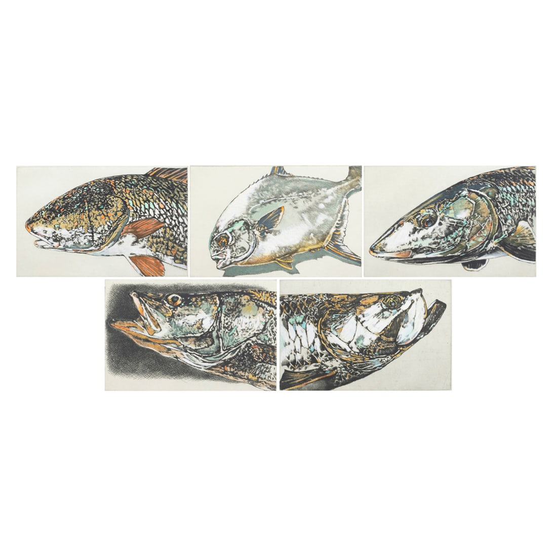 Prints, Jack Cowin: (lot of 5) Jack Cowin (American, 1947-2014), Fish Series ("Permit," "Snook," "Redfish," "Bone Fish," "Tarpon,"), 1990-1995, etchings in color, each pencil signed and dated lower right, each numbered o