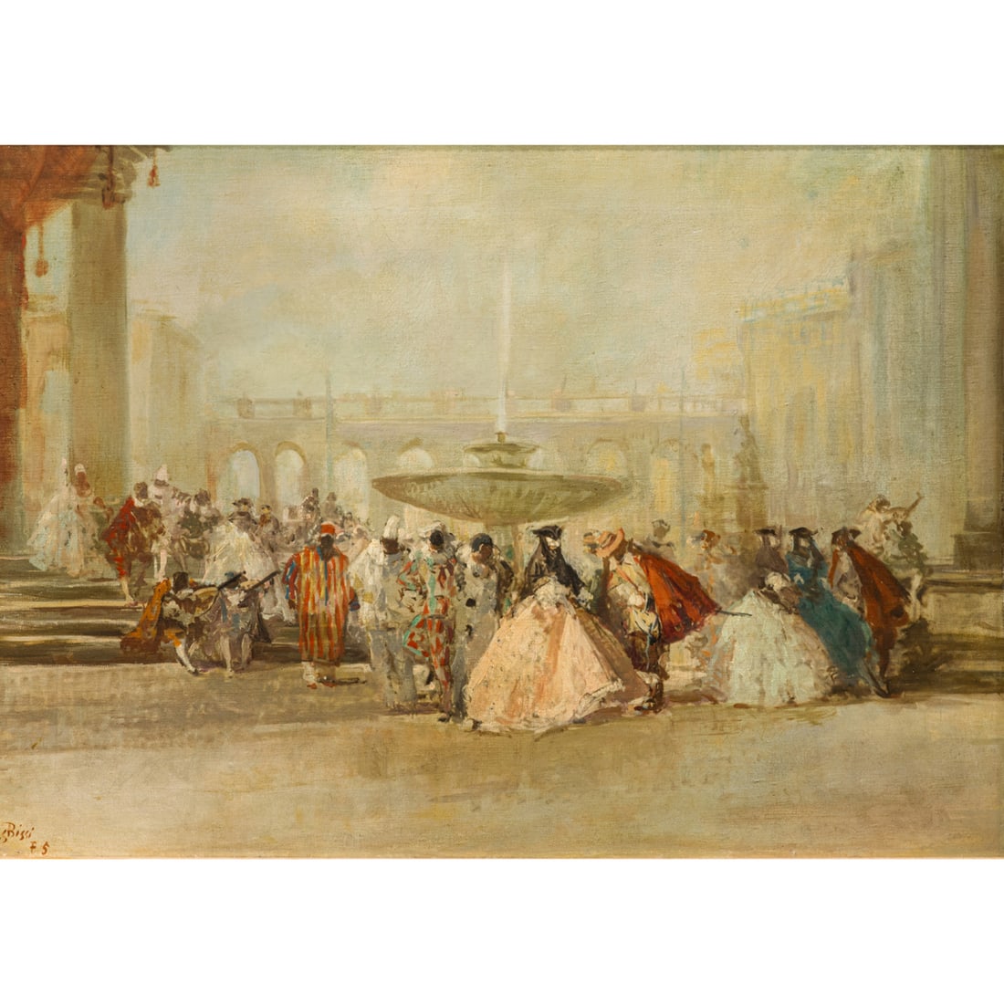 Painting, Sergio Cirno Bissi: Sergio Cirno Bissi (Italian, 1902-1987), Untitled (Masquerade), oil on canvas, signed lower left, canvas: 19.25"h x 27.25"w, overall (with frame): 22"h x 30"w