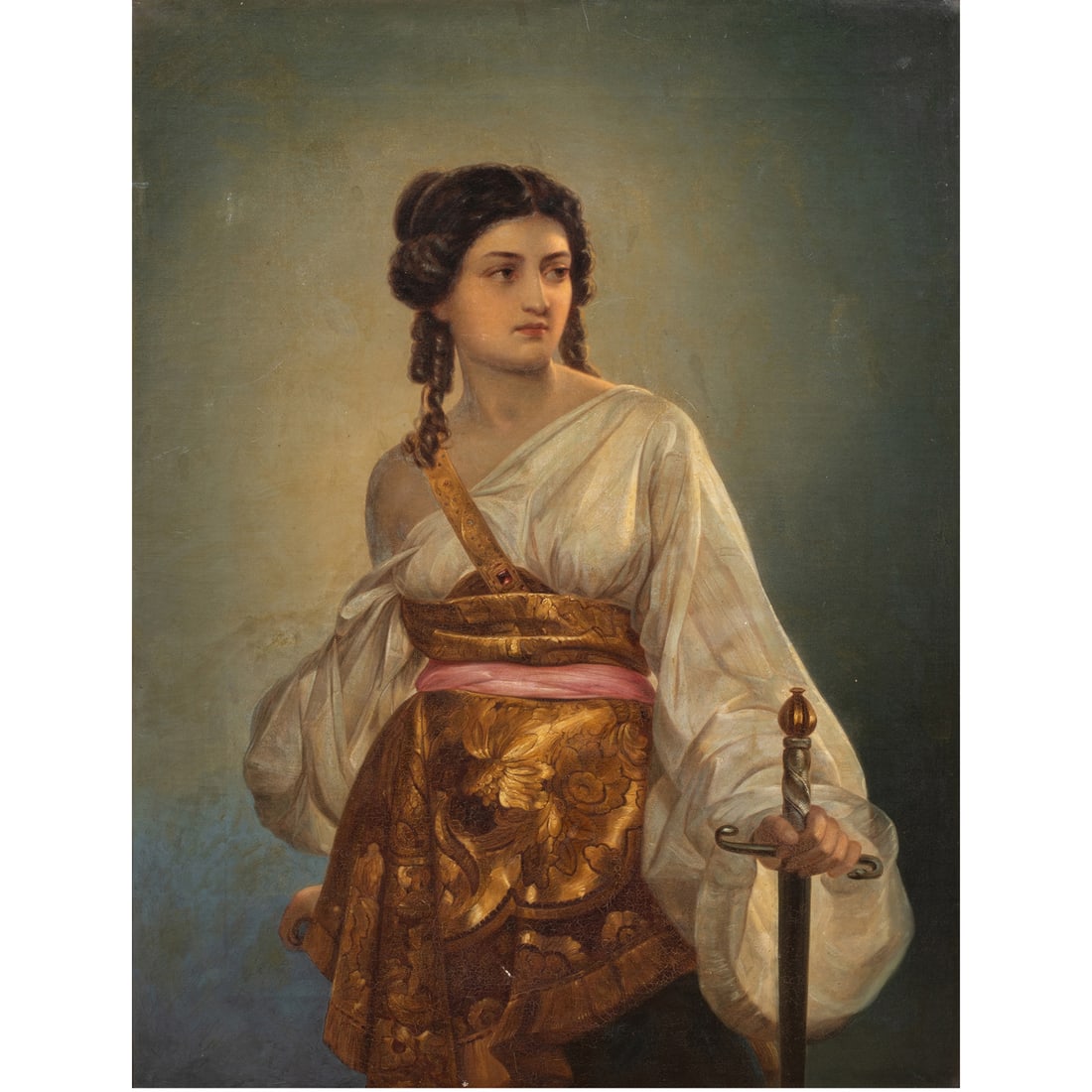 Painting, Rosa Hohenburg: Rosa Hohenburg (German, b. 1852), Portrait of Judith Facing the Assryians, oil on canvas, signed lower right, canvas: 36"h x 28"w, overall (with frame): 48.5"h x 39.5"w
