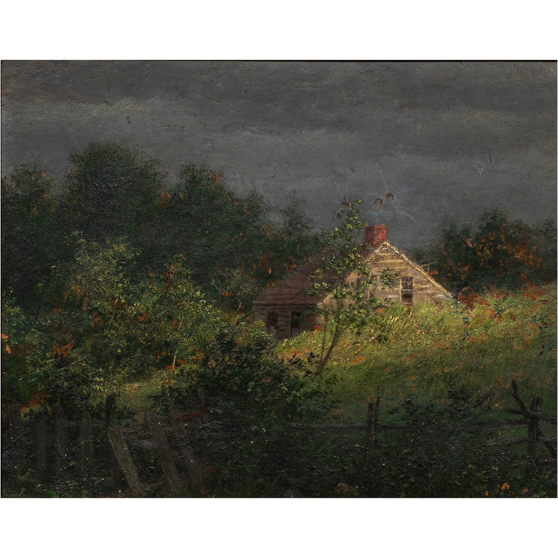 Painting, Attributed to George Inness: Attributed to George Inness (American, 1825-1894), "Clouds and Sunshine," oil on panel, bears signature verso, titled verso, original brass artist placard affixed lower center, panel: 8"h x 10"w, over