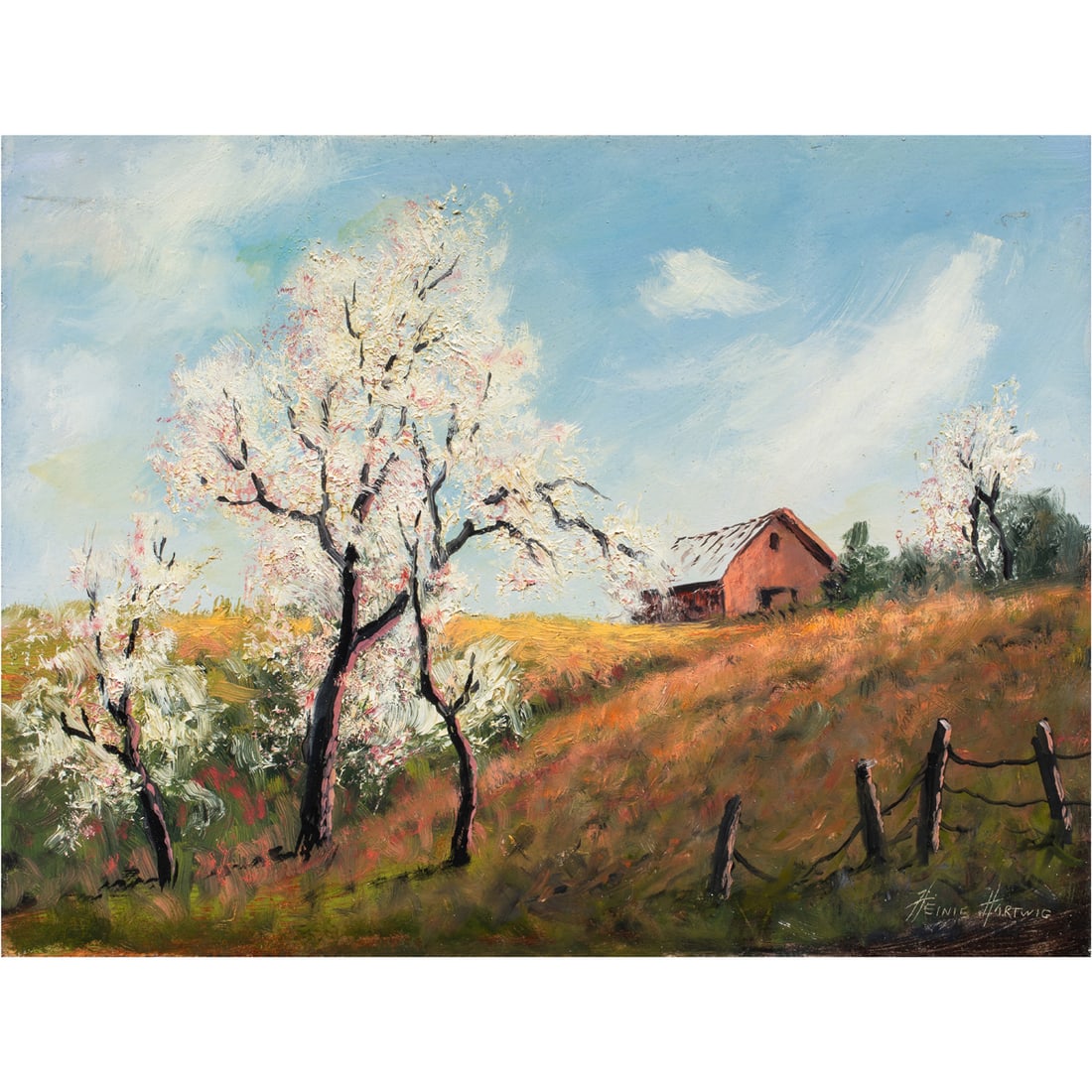 Painting, Heinie Hartwig: Heinie Hartwig (American, b. 1937), "Spring Blossoms," oil on masonite, signed lower right, titled verso, board (unframed): 12"h x 16"w