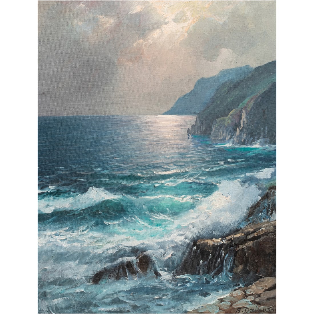 Painting, Alexander Dzigurski: Alexander Dzigurski (American, 1911-1995), "Carmel Moonlight," oil on canvas, signed lower right, titled verso, canvas: 18"h x 14"w, overall (with frame): 24"h x 19.75"w