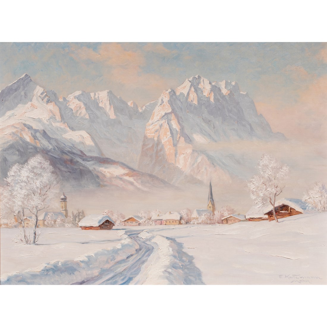 Painting, Erwin Kettemann: Erwin Kettemann (German, 1897-1971), "Wintermorgen in Garmisch in Wetterstein (Winter Morning in Garmisch in Wetterstein)," oil on canvas, signed lower right, canvas: 23.75"h x 31.75"w, overall (with