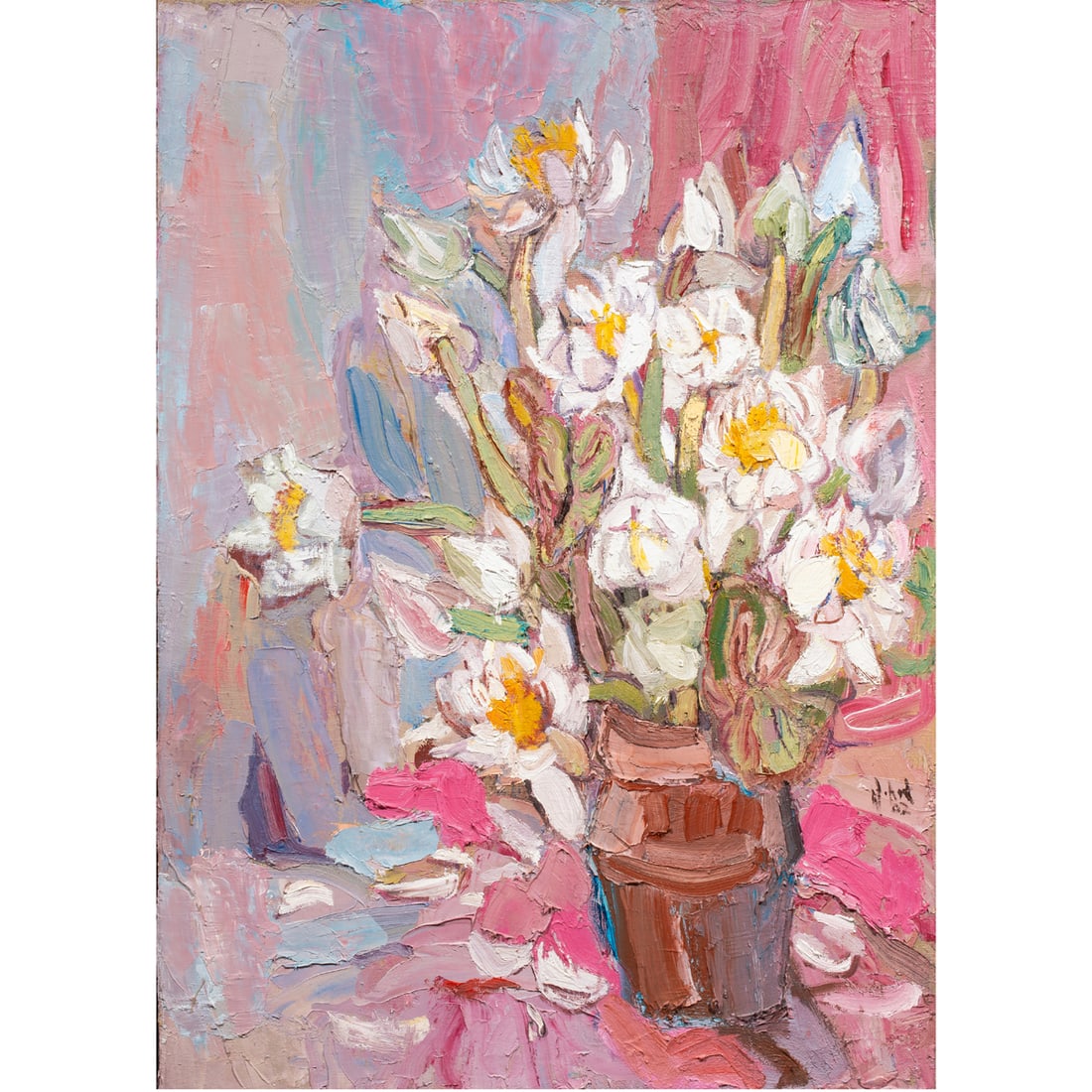 Painting, Hoang Hai Anh: Hoang Hai Anh (Vietnamese, b. 1970), "Lotus Flowers," 2002, oil on canvas, signed and dated lower right, canvas: 41.25"h x 29.5"w, overall (with frame): 42.5"h x 30.75"w. Provenance: Purchased from Ar