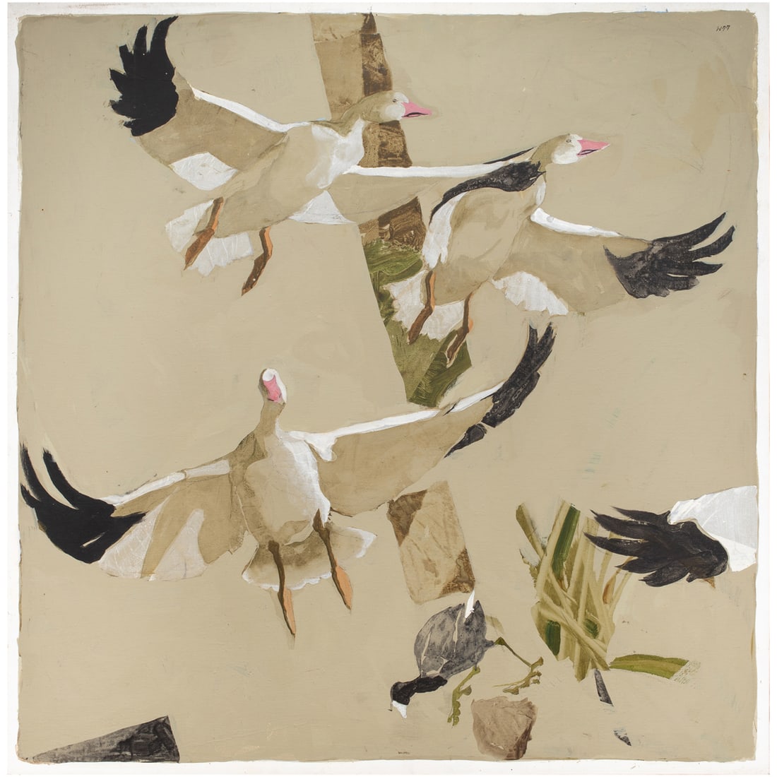 Painting, Bryan Wilson: Bryan Wilson (American, 1927-2002), "Snow Geese," 1977, oil on canvas, initialed and dated upper right, signed, titled, and dated verso, canvas: 60"h x 59.5"w, overall (with frame): 60.75"h x 60.25"w