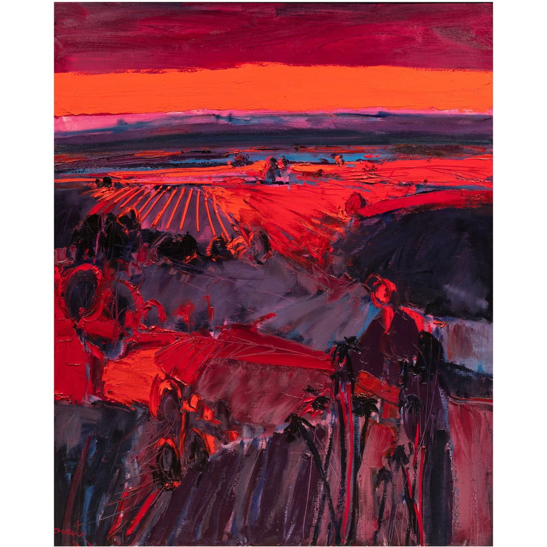 Painting, Henrietta Berk: Henrietta Berk (American, 1919-1990), Untitled (Landscape with Palm Trees), oil on canvas, signed lower left, canvas: 54"h x 44"w, overall (with frame): 59"h x 49"w