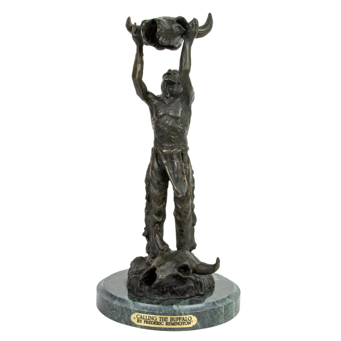 Sculpture, After Frederic Remington: After Frederic Remington (American, 1861-1909), "Calling the Buffalo," bronze sculpture on marble base, inscribed "Inspired by F. Remington" near base, overall (with base): 17"h x 8"w x 8"d