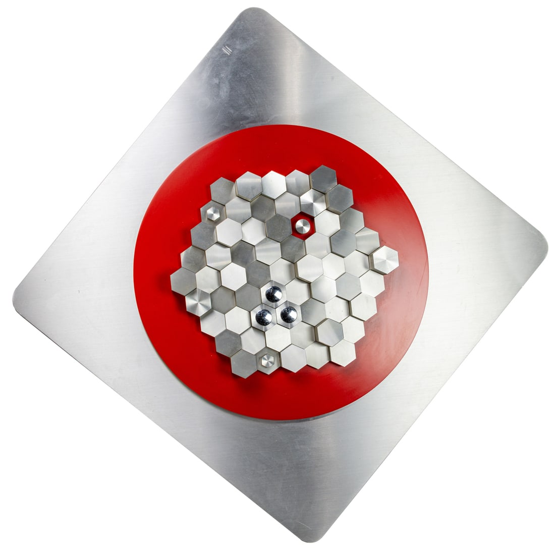 Wall Sculpture, Max Finkelstein: Max Finkelstein (American, 1915-2016), "Square x Hex Plus Red," 1967, aluminum wall sculpture, signed and dated verso, titled on label verso, overall: 33"h x 33"w x 2"d