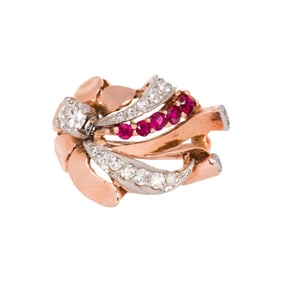A retro diamond, ruby, and 14k rose gold ring