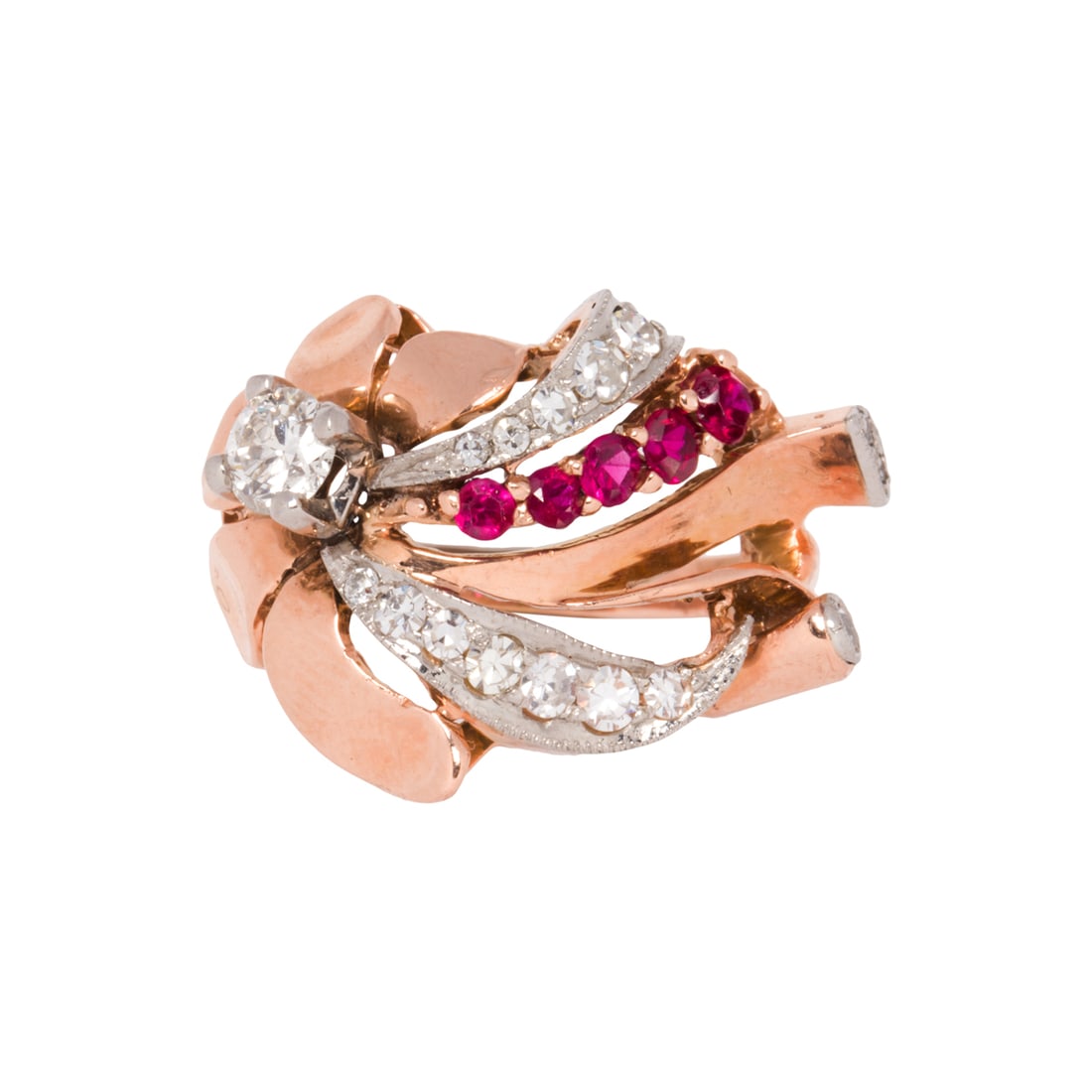A retro diamond, ruby, and 14k rose gold ring (1 of 2)
