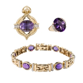 A group of amethyst, diamond, and 14k gold jewelry