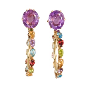 A pair of gemstone and 14k gold hoop earrings