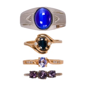 Four gemstone and 10k gold rings