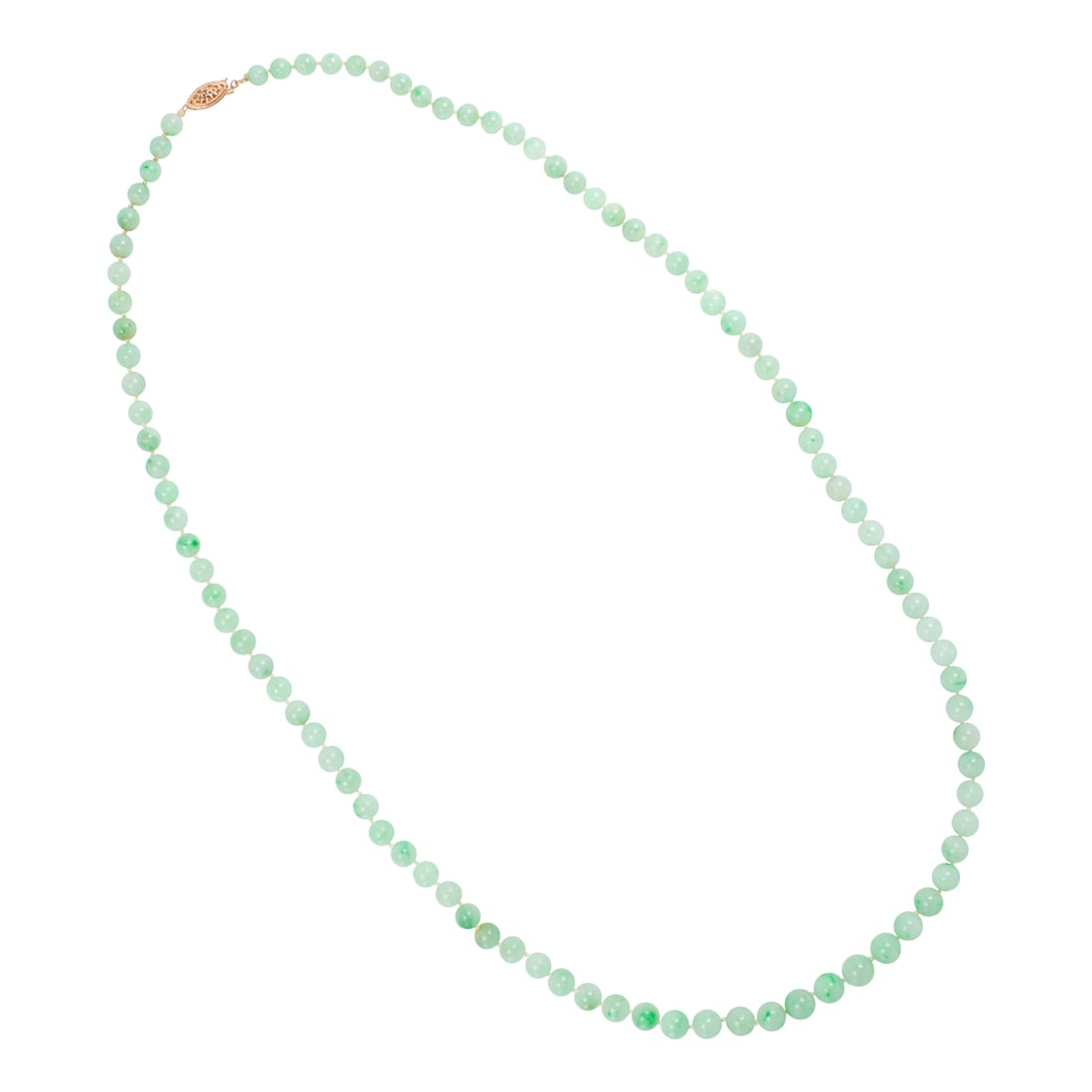 A jade and 14k gold Necklace: A jade and 14k gold NecklaceComprising round jade beads measuring from 8.02-5.94 mm, with a 14k gold clasp; length: 27 1/2 in; 46.6 grams