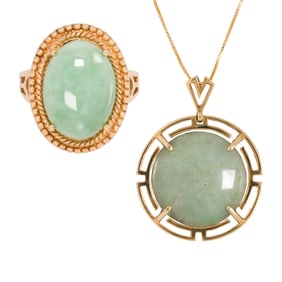 A jade and 14k gold ring and pendant necklace