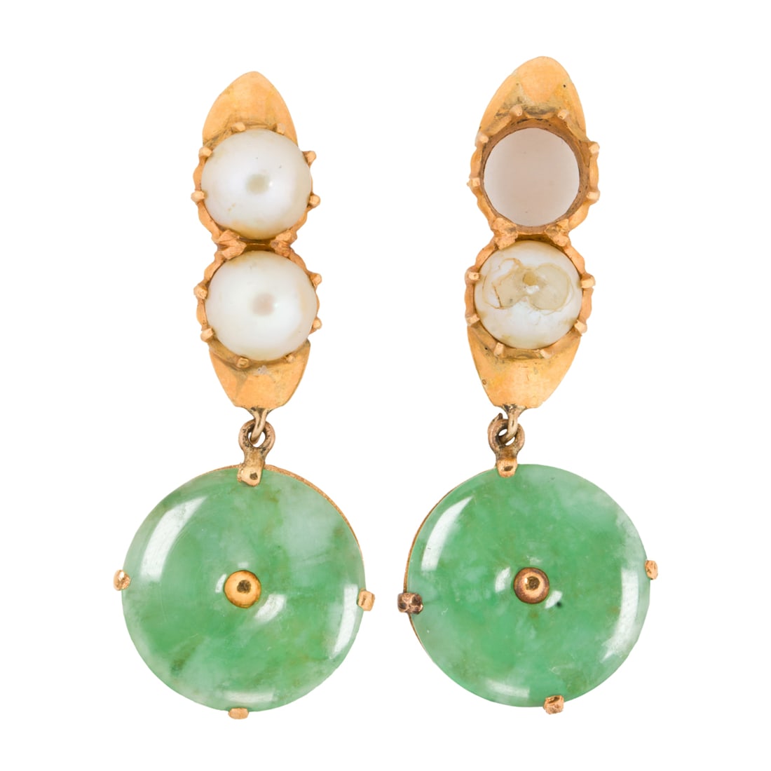 A pair of jade, cultured pearl and high karat gold earrings (1 of 1)