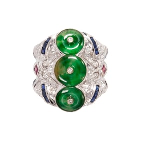 A jade, diamond, sapphire, ruby, and 18k white gold ring