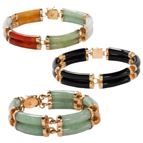 Three multi-color jade and 14k gold bracelets