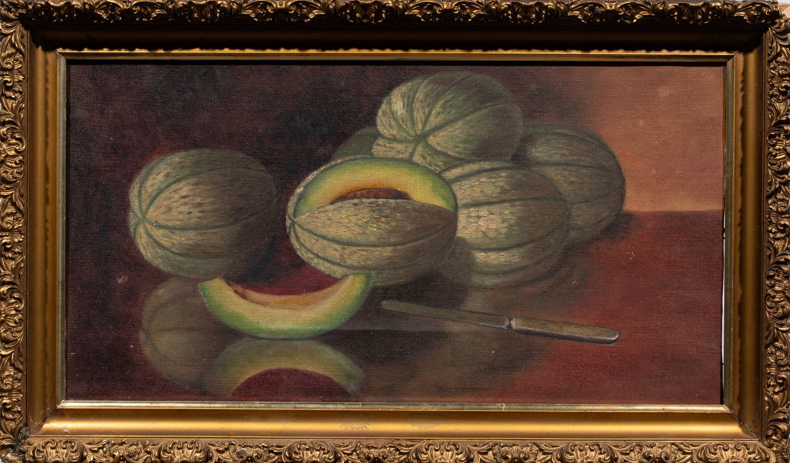 Painting, American School (19th/20th century): American School (19th/20th century), Still Life with Melons and Knife, oil on canvas, unsigned, overall (with frame): 13"h x 21.75"w