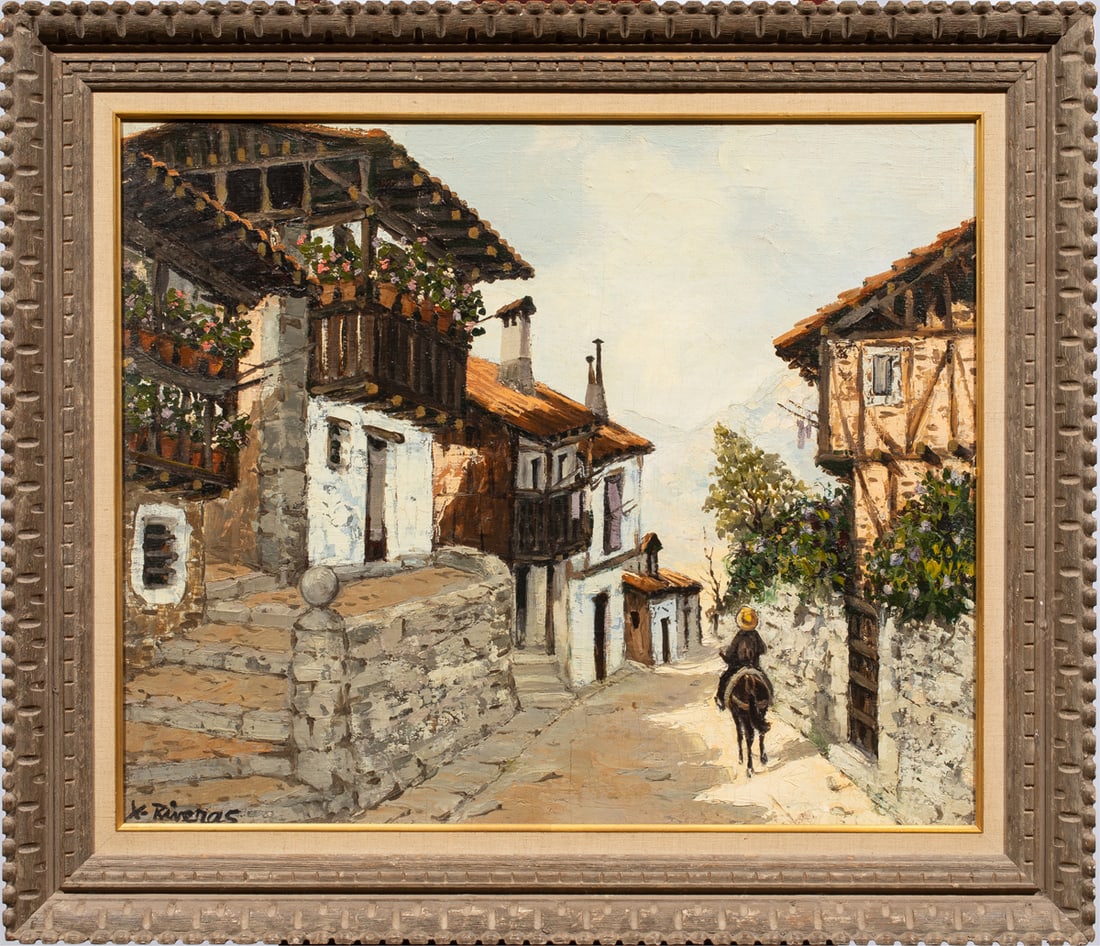 Painting, Mexican School (20th century): X. Riveras (Mexican School, 20th century), Village scene, oil on canvas affixed to board, signed lower left, overall (with frame): 30.5"h x 35.5"w