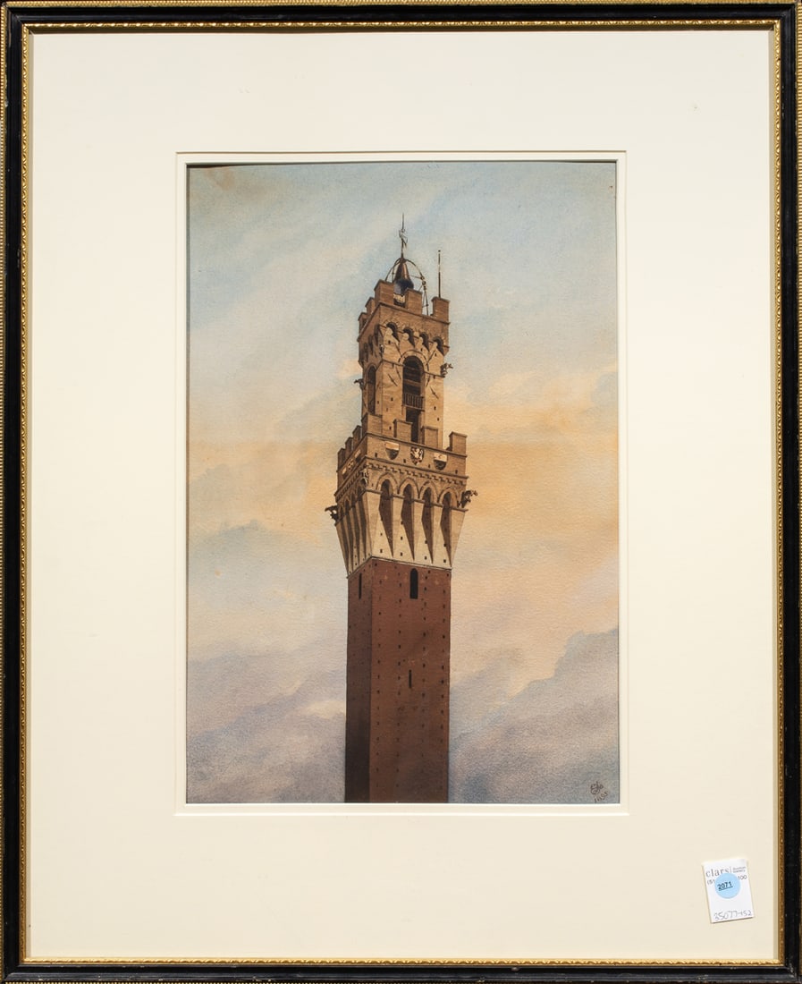 Watercolor, European School (19th century): European School (19th century), Bell Tower, 1895, watercolor, monogrammed and dated lower right, overall (with frame): 29.25"h x 23.5"w