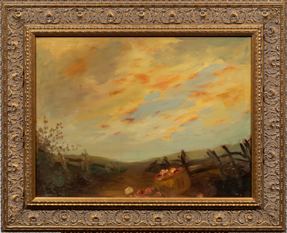 Painting, American School (20th century): American School (20th century), Basket of Apples in a Landscape, 1914, oil on board, signed "Perelli" lower left and dated lower right, overall (with frame): 25.5"h x 31.5"w