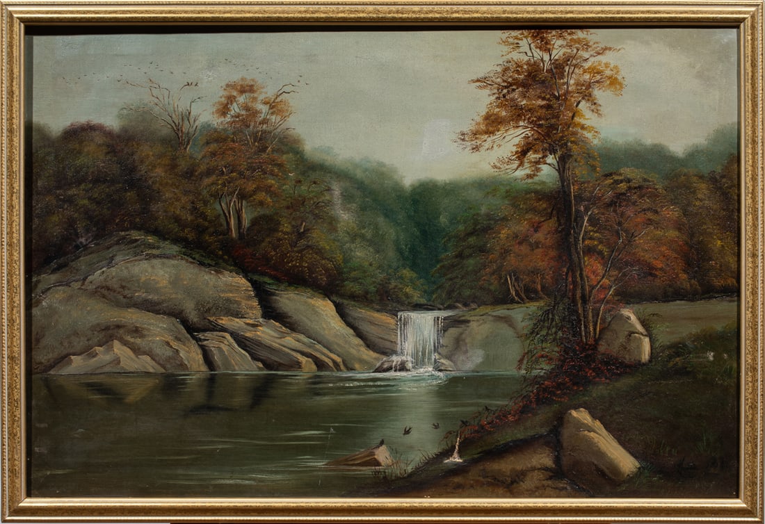 Painting, American School (19th century): American School (19th century), Landscape with Waterfall, 1881, signed "Marta" and dated lower right, overall (with frame): 21.75"h x 32"w