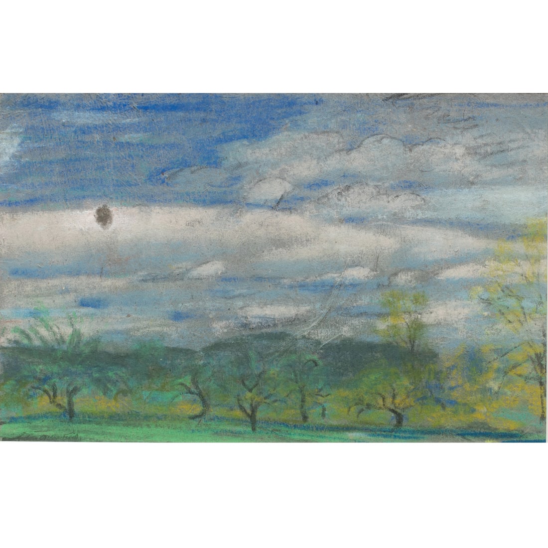 Work on paper, Arthur Bowen Davies: Arthur Bowen Davies (American, 1862-1928), "Orchard," pastel on paper, estate-stamped lower left, gallery label (Gallery Clinton Lindley, Ltd.) affixed verso, sight: 5.75"h x 9.25"w, overall (with fra