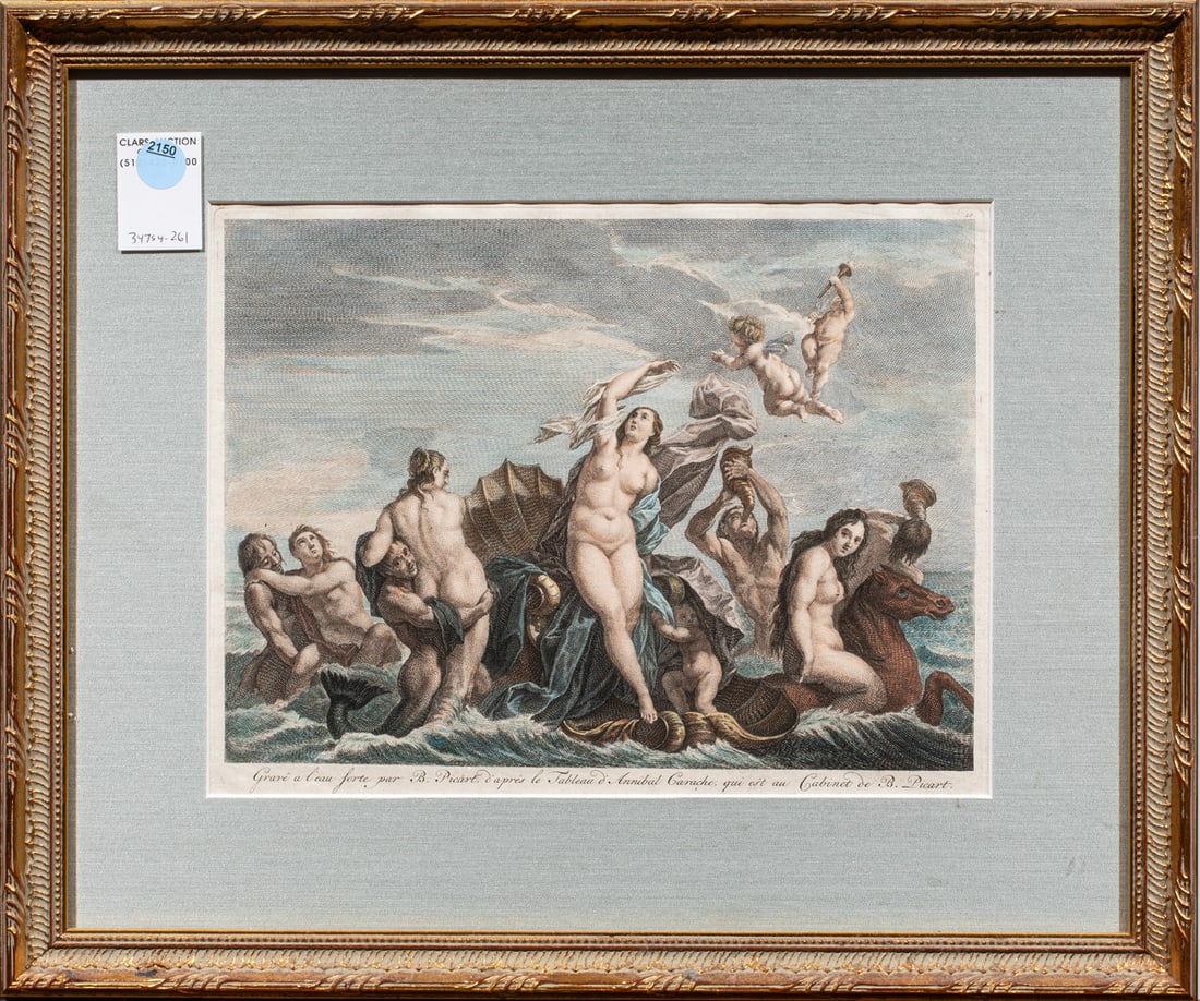 Print, Bernard Picart: Bernard Picart (French, 1673-1733) After Annibale Carracci (Italian, 1560-1609), "The Birth of Venus," hand-colored engraving, overall (with frame): 15"h x 17.5"w