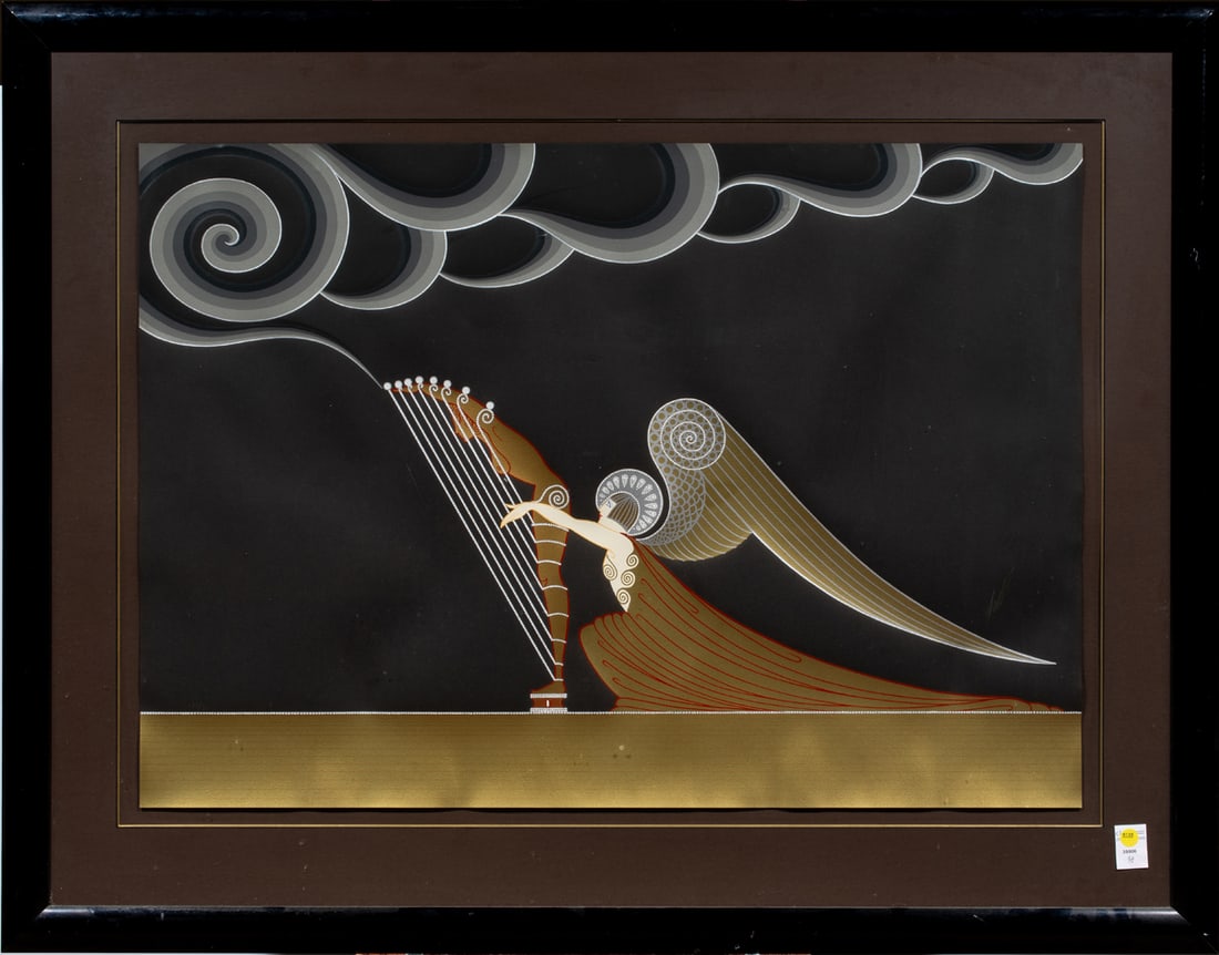 Erte, print: Erte (French, 1892-1990), "L'Ange a l'Harpe," serigraph, pencil signed lower right, edition 177/300, overall (with frame): 38.5"h x 49.5"w