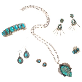 A group of Native American turquoise and silver jewelry