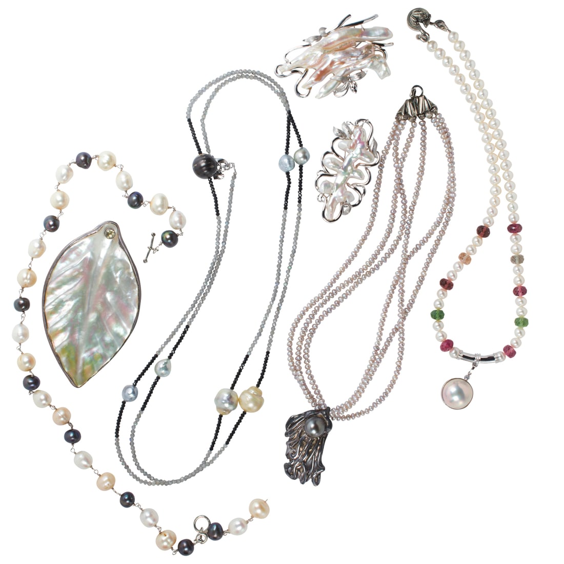 A group of cultured pearl, gemstone, silver and metal jewelry: A group of cultured pearl, gemstone, silver and metal jewelry comprising 4 necklaces, two brooch-pendants and a pendant, including baroque, mabe, freshwater and freeform cultured pearls, mother-of-pea