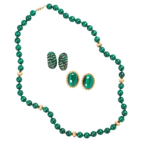 A group of malachite and 14k gold jewelry